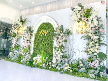 Backdrop đám Cưới Tông Xanh Hồng