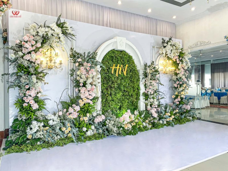 Backdrop đám Cưới Tông Xanh Hồng