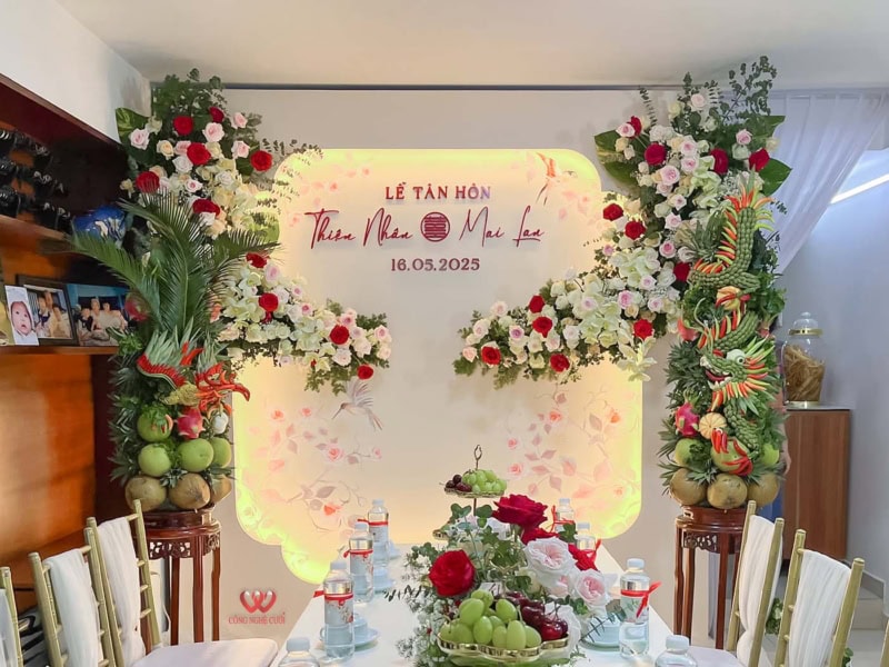 Trang Trí Phông Cưới Lễ Gia Tiên Tông Màu Kem