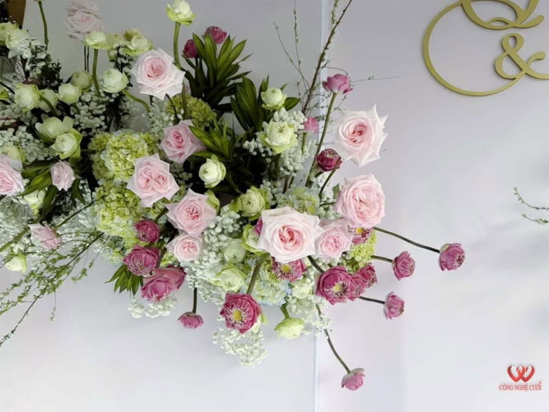 Backdrop đám Cưới Hoa Sen Mix Hoa Hồng