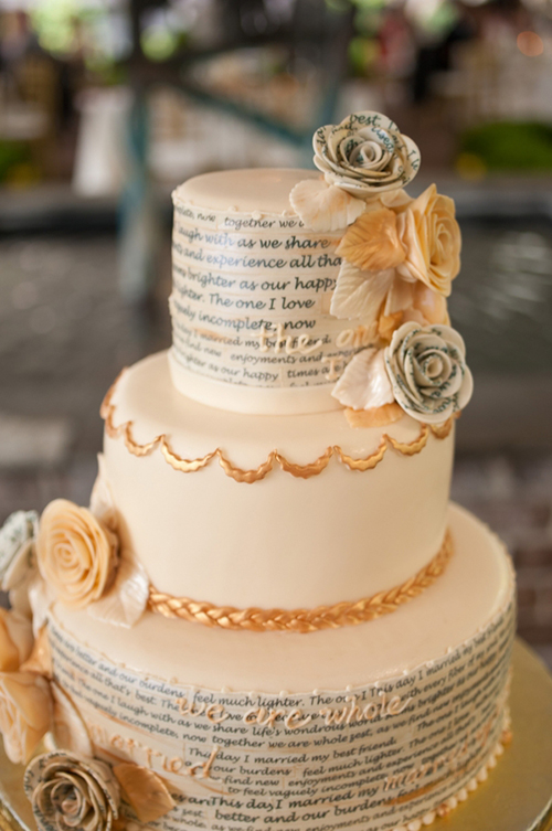 [Caption]Những mẫu bánh cưới với hoa, kem hay những phụ kiện điệu đà không phải là những phụ kiện trang trí duy nhất cho bánh cưới. Trang trí bánh cưới với họa tiết bằng chữ là một ý tưởng thú vị cho cô dâu chú rể hiện đại.
